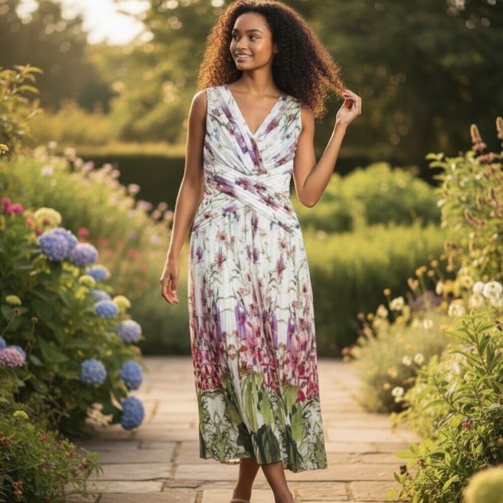 Ted Baker Risha Mirrored Tropics Pleated Midi Dress Ivory Floral Size 4 NWT